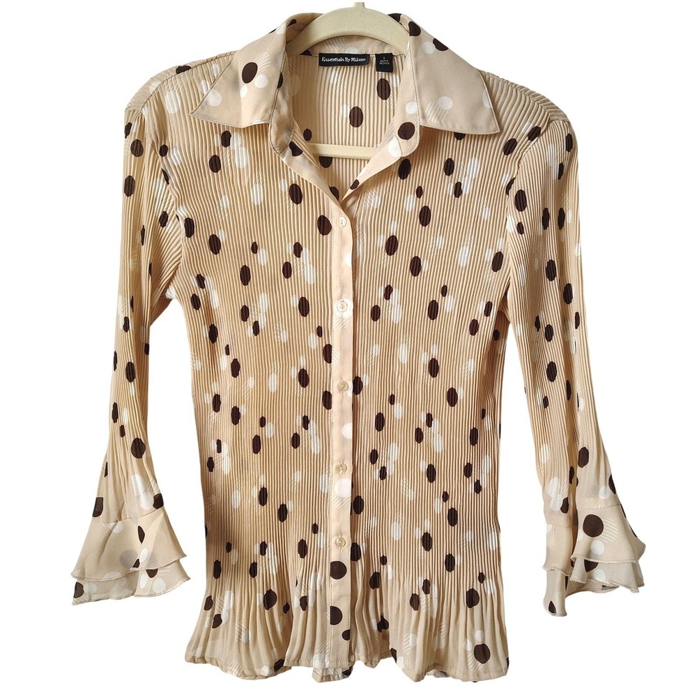 Retro Mod Polka Dot Pleated Blouse Womens Small Tan‎ Ruffle Sleeve Vintage Y2K